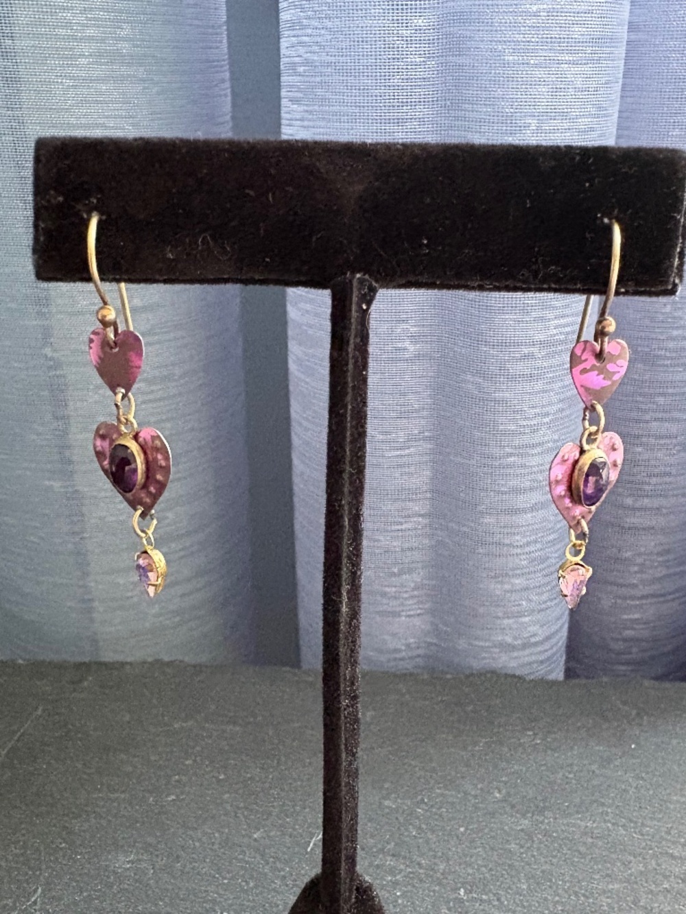 Vintage Holly Yashi Signed Niobium Heart Drop Earrings Amethyst Pink Crystal 90s - Picture 4 of 5